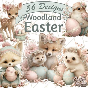 May include: Digital art featuring woodland creatures and Easter eggs. A fawn, fox, and hedgehog are adorned with floral crowns. Pastel colors and the text "56 Designs Woodland Easter" create a whimsical, spring-themed illustration.