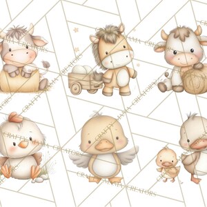 Peut inclure: Illustrations &agrave; l'aquarelle d'adorables animaux de la ferme, dont une vache, un cheval, un poulet et des canards. Chaque animal est repr&eacute;sent&eacute; dans un style mignon et cartoon avec des couleurs douces. Le fond pr&eacute;sente un motif g&eacute;om&eacute;trique.