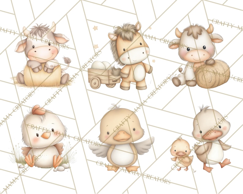 Peut inclure: Illustrations &agrave; l'aquarelle d'adorables animaux de la ferme, dont une vache, un cheval, un poulet et des canards. Chaque animal est repr&eacute;sent&eacute; dans un style mignon et cartoon avec des couleurs douces. Le fond pr&eacute;sente un motif g&eacute;om&eacute;trique.