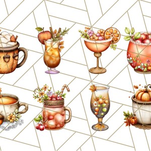 May include: Watercolor illustration of eight fall-themed drinks. The drinks include a pumpkin spice latte, apple cider, and cocktails, each garnished with autumn leaves, fruit, and spices. The drinks are in mugs, glasses, and a mason jar.