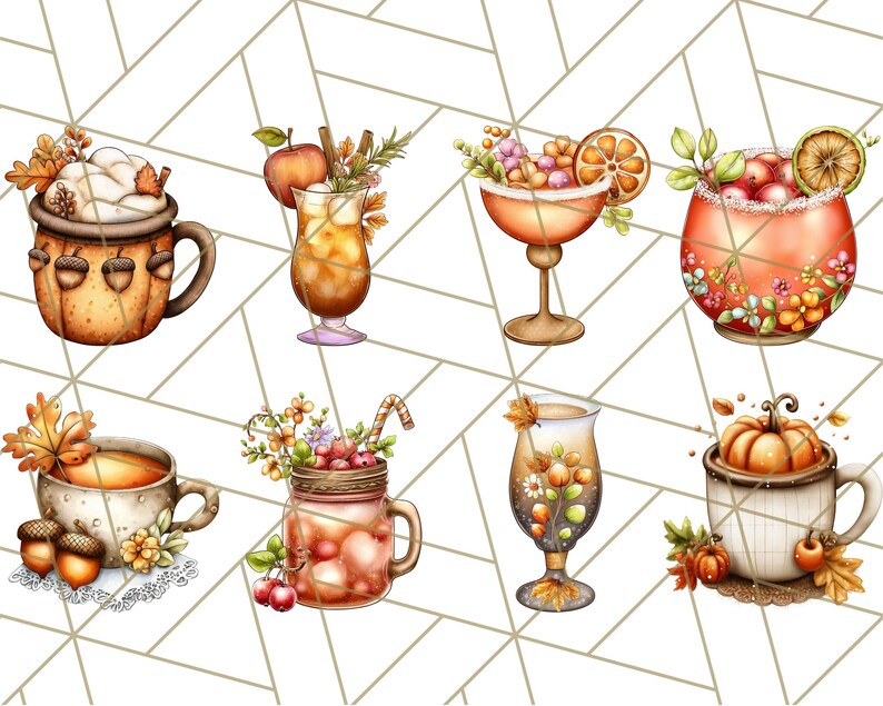May include: Watercolor illustration of eight fall-themed drinks. The drinks include a pumpkin spice latte, apple cider, and cocktails, each garnished with autumn leaves, fruit, and spices. The drinks are in mugs, glasses, and a mason jar.
