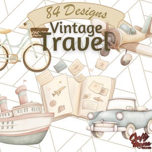 Vintage Travel Clipart PNG, Retro Suitcase, Hot Air Balloon, Old Map, Globe, Compass, Camera, Passport, Airplane, Adventure Aesthetic