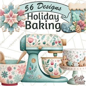 以下が含まれることがあります： ホリデーベーキングのデザインをあしらったデジタルイラスト。 ターコイズ色のスタンドミキサー、木のスプーン付きのボウル、スタンド上のケーキ、クリスマスストッキングが含まれています。 画像には雪の結晶と「56 Designs Holiday Baking」の文字も表示されています。