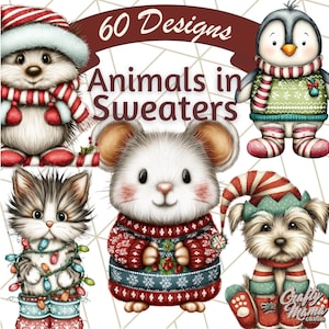 Christmas Animals Clipart, Cute Holiday Pets PNG, Festive Animal Illustrations, Winter Costume Animals, Christmas Dog Cat Art, Animal Png