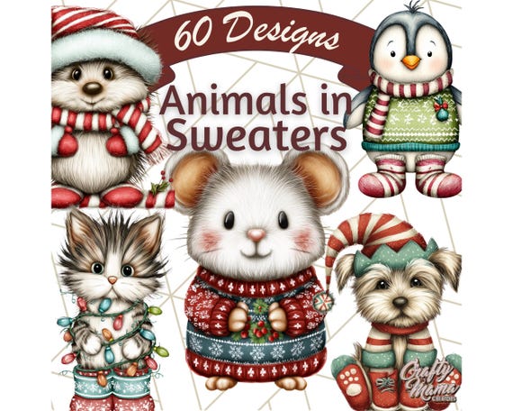 Christmas Animals Clipart, Cute Holiday Pets PNG, Festive Animal Illustrations, Winter Costume Animals, Christmas Dog Cat Art, Animal Png