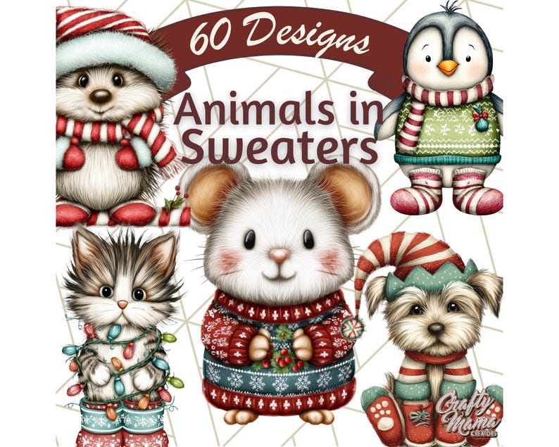 May include: Digital illustration featuring six adorable animals wearing festive sweaters and accessories. The image includes a hedgehog, penguin, mouse, kitten, and dog, all adorned in holiday attire. Text reads "60 Designs Animals in Sweaters."
