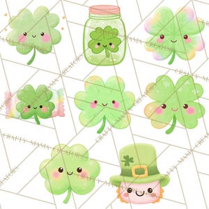May include: A selection of St. Patrick's Day illustrations, including smiling green shamrocks, a jar containing a shamrock, and a leprechaun wearing a green hat. The shamrocks have pink cheeks and are set against a white geometric background.
