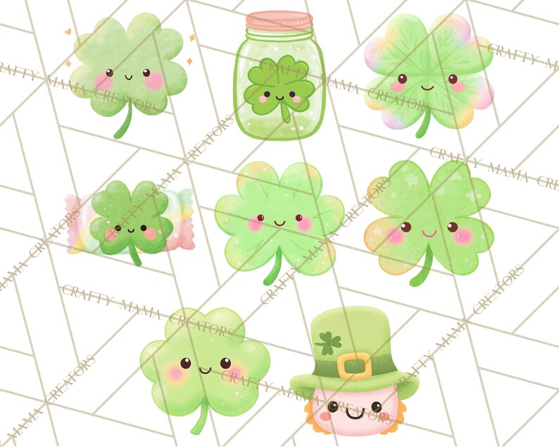 May include: A selection of St. Patrick's Day illustrations, including smiling green shamrocks, a jar containing a shamrock, and a leprechaun wearing a green hat. The shamrocks have pink cheeks and are set against a white geometric background.