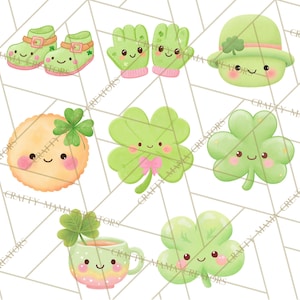 May include: A selection of St. Patrick's Day illustrations. The image shows cartoon clovers, shoes, gloves, a hat, and a teacup, all with smiling faces. The color scheme includes green, pink, and orange.