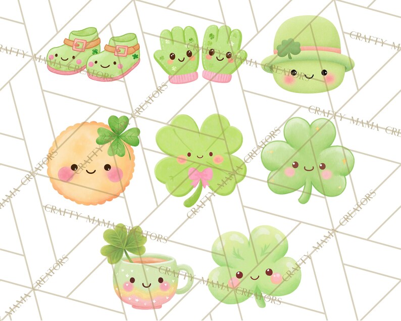 May include: A selection of St. Patrick's Day illustrations. The image shows cartoon clovers, shoes, gloves, a hat, and a teacup, all with smiling faces. The color scheme includes green, pink, and orange.