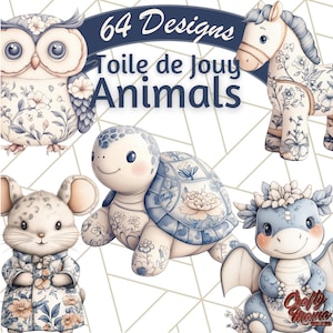 May include: 64 Designs Toile de Jouy Animals. A set of five illustrations of animals in a blue and white toile pattern. The animals include an owl, a turtle, a mouse, a horse, and a dragon.