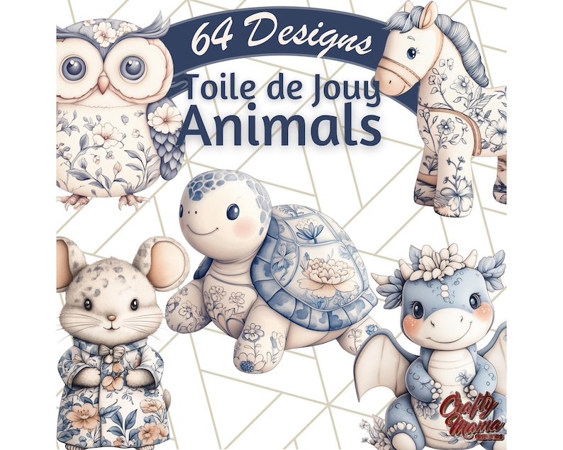 May include: 64 Designs Toile de Jouy Animals. A set of five illustrations of animals in a blue and white toile pattern. The animals include an owl, a turtle, a mouse, a horse, and a dragon.