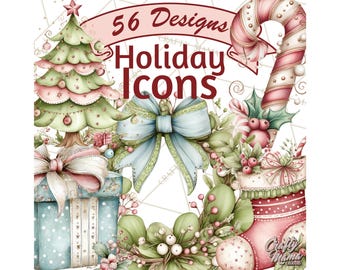 Könnte beinhalten: Aquarell-Illustration mit Feiertags-Symbolen. Das Bild zeigt einen Weihnachtsbaum, Geschenkboxen, eine Zuckerstange und einen Strumpf. Der Text lautet "56 Designs Holiday Icons". Die Farbpalette umfasst Rosa-, Grün- und Blautöne.