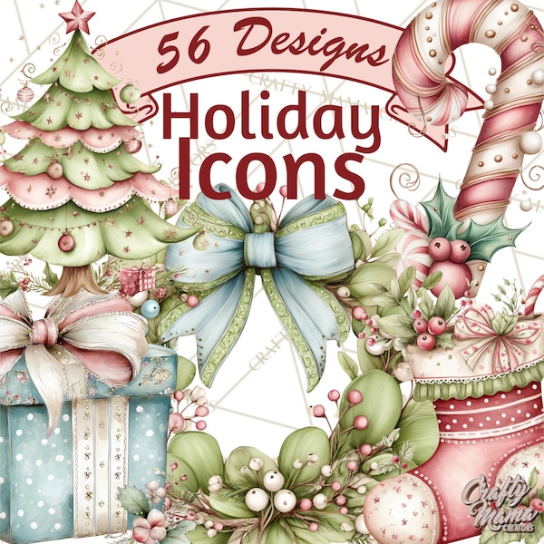 56 PNG, imágenes prediseñadas navideñas PNG, iconos navideños, arte digital de invierno, ilustraciones festivas, árbol de Navidad, acebo, decoración imprimible