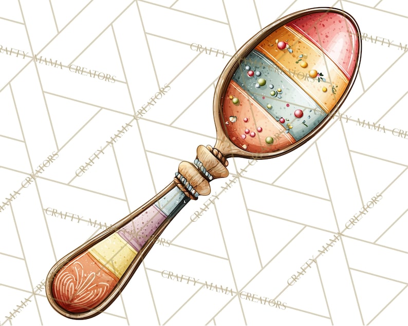 May include: A decorative wooden spoon with a colourful, striped design. The spoon's bowl features red, blue, and yellow stripes with small, round embellishments. The handle is adorned with a detailed, carved design and the text "CRAFTY MAMA CREATORS".