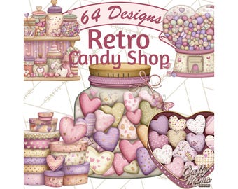 May include: A digital illustration of a retro candy shop with various sweets. The image features a large jar filled with heart-shaped candies, a gumball machine, and several decorative boxes. The color palette includes pinks, purples, and pastels.