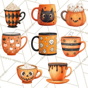 May include: A collection of Halloween-themed mugs in various designs. The mugs feature orange and black colors, with designs including a black cat, jack-o'-lantern faces, skulls, and spiderwebs. Some mugs are filled with whipped cream or marshmallows.