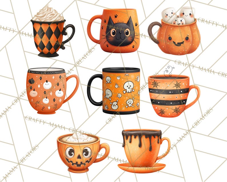 May include: A collection of Halloween-themed mugs in various designs. The mugs feature orange and black colors, with designs including a black cat, jack-o'-lantern faces, skulls, and spiderwebs. Some mugs are filled with whipped cream or marshmallows.