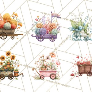 K&ouml;nnte beinhalten: Aquarellillustrationen von Blumenwagen. Jeder Wagen ist mit verschiedenen Arten von Blumen in verschiedenen Farben gef&uuml;llt, darunter Orange, Gelb, Rosa, Lila und Wei&szlig;. Die Wagen haben Holz- oder Lackdetails.