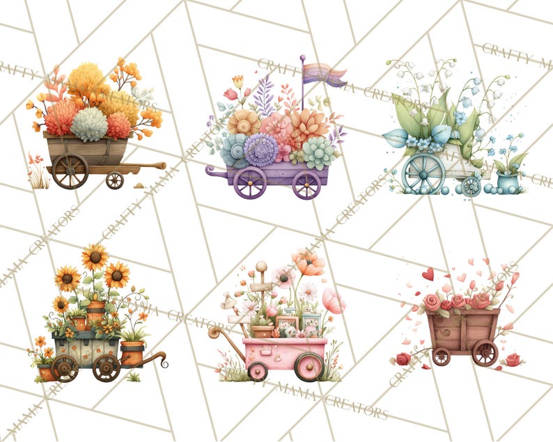 K&ouml;nnte beinhalten: Aquarellillustrationen von Blumenwagen. Jeder Wagen ist mit verschiedenen Arten von Blumen in verschiedenen Farben gef&uuml;llt, darunter Orange, Gelb, Rosa, Lila und Wei&szlig;. Die Wagen haben Holz- oder Lackdetails.