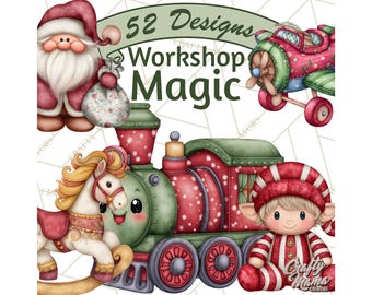 52 Png, Santa’s Workshop Toys Clipart PNG, Christmas Toy Clip Art, Holiday Rocking Horse, Teddy Bear, Toy Drum, Gift Box, Printable PNG