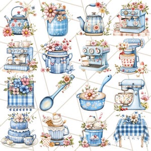 Blå Cottagecore kök Clipart, blommig kök PNG, vintage köksredskap, rustika rätter, lantliga matlagningselement, mysig köksinredning bild 6
