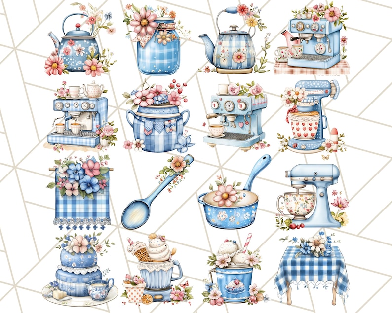 Blå Cottagecore kök Clipart, blommig kök PNG, vintage köksredskap, rustika rätter, lantliga matlagningselement, mysig köksinredning bild 6
