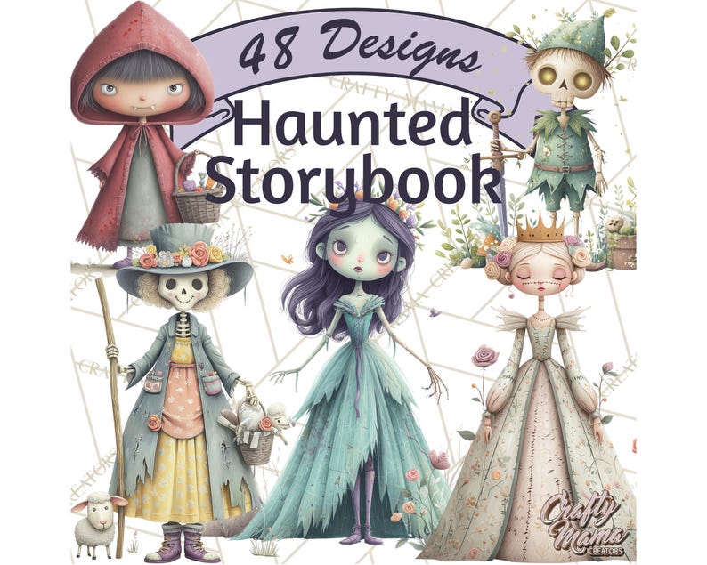 May include: Digital art featuring whimsical characters from a "Haunted Storybook." The image includes a Little Red Riding Hood figure, a skeleton with a hat, a zombie-like character, and a princess. The text "48 Designs Haunted Storybook" is displayed.