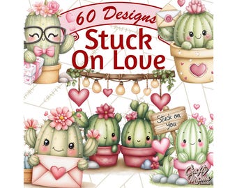 60 Png, Cute Cactus Valentine Clipart, Love Plant PNG, Adorable Heart Cactus Clip Art, Funny Valentine Printable Graphics, Kawaii Succulent