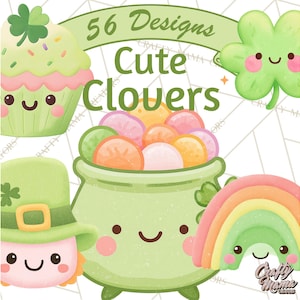 Puede incluir: Ilustración digital con diseños temáticos del Día de San Patricio. La imagen incluye un duende verde, una olla de caramelos coloridos, un arcoíris, una magdalena y un trébol de cuatro hojas. El texto dice "56 Designs Cute Clovers."
