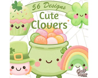 56 Png, Kawaii Shamrock Cuties PNG, Cute St Patricks Day Clipart, Pastel Clover Clip Art, Lucky Rainbow, Irish Green, Cute Holiday Printable
