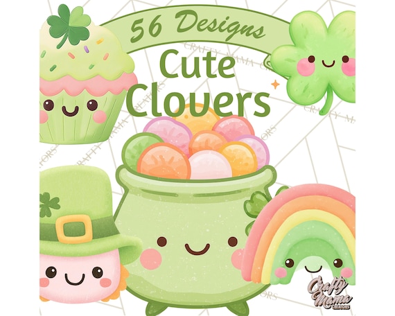 56 Png, Kawaii Shamrock Cuties PNG, Cute St Patricks Day Clipart, Pastel Clover Clip Art, Lucky Rainbow, Irish Green, Cute Holiday Printable