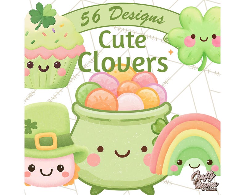 May include: A digital illustration with St. Patrick's Day themes. The image includes a green leprechaun, a pot of colourful sweets, a rainbow, a cupcake, and a four-leaf clover. The text reads "56 Designs Cute Clovers."