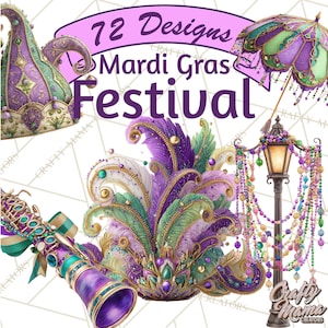 May include: Digital illustrations featuring Mardi Gras festival elements. The image includes a jester's hat, a feathered headdress, a parasol, a street lamp, and a musical instrument. The text reads "72 Designs Mardi Gras Festival."