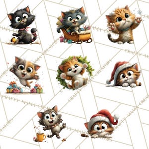 May include: A collection of cartoon cat illustrations in various poses. One black cat is playing with a ball, while others are in a sleigh, surrounded by gifts, or wearing a Santa hat. The cats are in shades of orange, gray, and brown.
