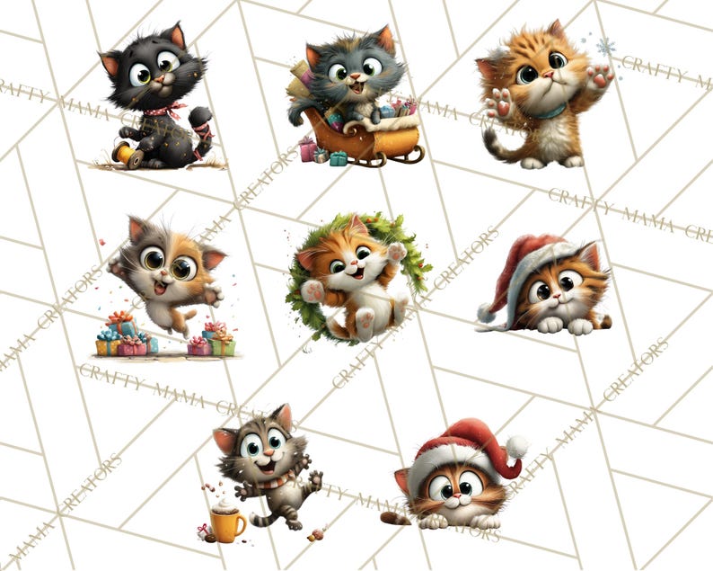 May include: A collection of cartoon cat illustrations in various poses. One black cat is playing with a ball, while others are in a sleigh, surrounded by gifts, or wearing a Santa hat. The cats are in shades of orange, gray, and brown.