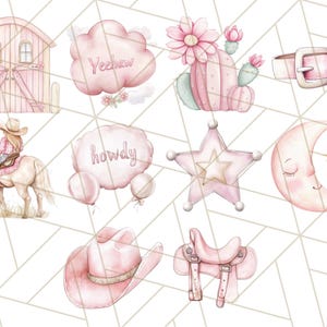 May include: A set of 10 pink and white watercolour illustrations with a western theme. The illustrations include a barn, a cactus, a cowboy hat, a saddle, a star, a moon, a sun, a girl riding a horse, and two speech bubbles that say "Yeehaw" and "Howdy".