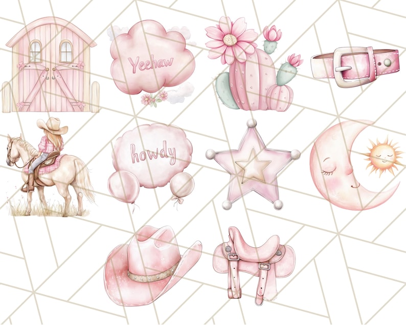 May include: A set of 10 pink and white watercolour illustrations with a western theme. The illustrations include a barn, a cactus, a cowboy hat, a saddle, a star, a moon, a sun, a girl riding a horse, and two speech bubbles that say "Yeehaw" and "Howdy".