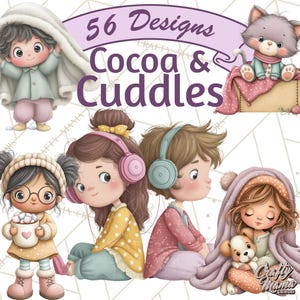 May include: Digital illustration featuring the text "56 Designs Cocoa & Cuddles." The image showcases several cartoon children, some wrapped in blankets, wearing headphones, and holding mugs. A cat is also present, adding to the cozy theme.
