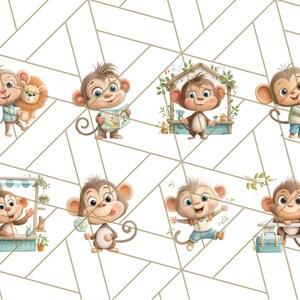 May include: A collection of eight cartoon monkey illustrations. Each monkey is depicted in a different pose, some holding objects like a map, a stuffed animal, or a lollipop. The monkeys are set against a white background with a geometric pattern.