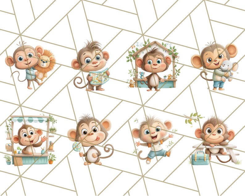 May include: A collection of eight cartoon monkey illustrations. Each monkey is depicted in a different pose, some holding objects like a map, a stuffed animal, or a lollipop. The monkeys are set against a white background with a geometric pattern.