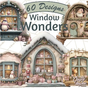 Puede incluir: Una imagen de arte digital que presenta varias escenas de ventanas caprichosas con temática navideña. Cada escena muestra decoraciones festivas, incluyendo un pingüino, Papá Noel, un muñeco de nieve y regalos envueltos. El texto "60 Designs Window Wonders" se muestra en la parte superior.