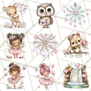 Puede incluir: Una colecci&oacute;n de ilustraciones acuareladas caprichosas con adorables animales y personajes de hadas. Las im&aacute;genes incluyen un cervatillo, un b&uacute;ho, una ardilla y bailarinas, todo rodeado de motivos florales y de coraz&oacute;n. La paleta de colores es suave y pastel.