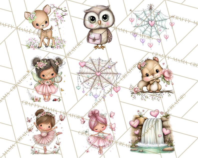 Puede incluir: Una colecci&oacute;n de ilustraciones acuareladas caprichosas con adorables animales y personajes de hadas. Las im&aacute;genes incluyen un cervatillo, un b&uacute;ho, una ardilla y bailarinas, todo rodeado de motivos florales y de coraz&oacute;n. La paleta de colores es suave y pastel.