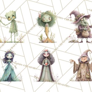 May include: Watercolor illustrations of whimsical fantasy characters, including a zombie, mermaid, witch, and fairy. Each character is depicted with a unique design and color palette, set against a geometric background.