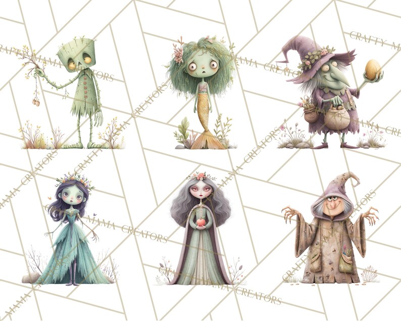 May include: Watercolor illustrations of whimsical fantasy characters, including a zombie, mermaid, witch, and fairy. Each character is depicted with a unique design and color palette, set against a geometric background.