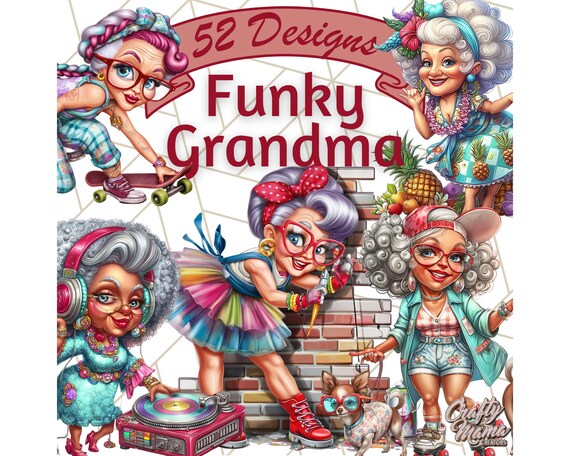 52 Wild Grandma Clipart PNGs, Funny Old Lady Clip Art, Quirky Granny Illustrations, Cartoon Senior Woman PNG, Funky Retired Character