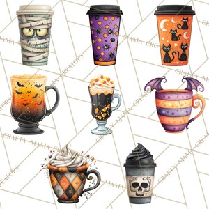 May include: A collection of Halloween-themed coffee cups and mugs. Designs include a mummy, spiders, black cats, bats, candy corn, and a skull. The cups and mugs are in various colors, including orange, purple, and black.
