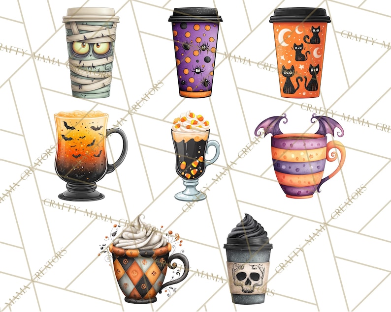 May include: A collection of Halloween-themed coffee cups and mugs. Designs include a mummy, spiders, black cats, bats, candy corn, and a skull. The cups and mugs are in various colors, including orange, purple, and black.
