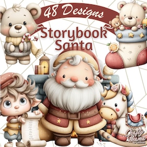Puede incluir: Ilustración digital de personajes navideños caprichosos, al estilo de un cuento. Se representan Papá Noel, un oso de peluche, un elfo y un caballito balancín. El texto "48 Designs Storybook Santa" se muestra en la parte superior.